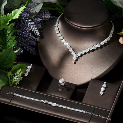 Leaf Design 4pcs AAA CZ Bridal Set | Elegant Wedding Jewelry #CubicZirconia #BridalGlam