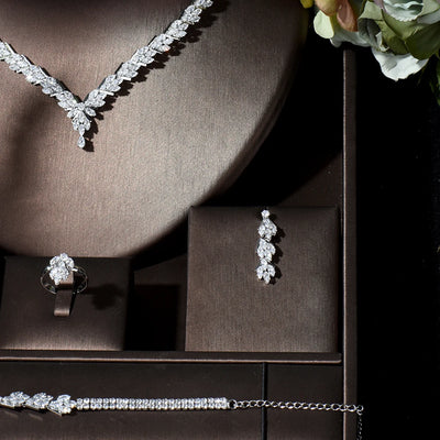 Leaf Design 4pcs AAA CZ Bridal Set | Elegant Wedding Jewelry #CubicZirconia #BridalGlam