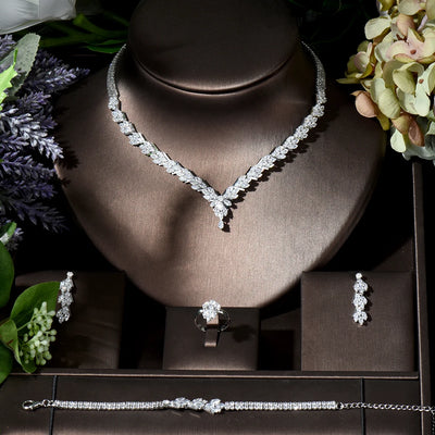 Leaf Design 4pcs AAA CZ Bridal Set | Elegant Wedding Jewelry #CubicZirconia #BridalGlam