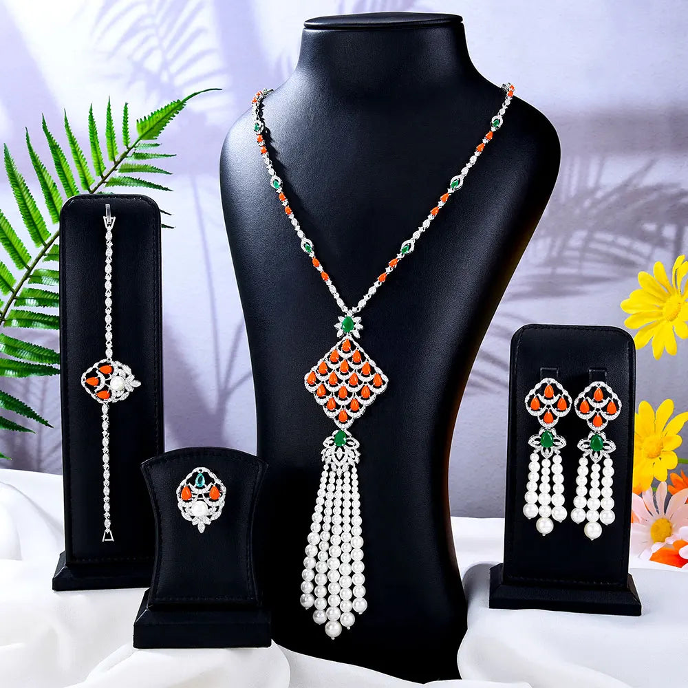 Gold Plated Long Necklace Sets for Women Water Drop Cubic Zirconia Jewellery