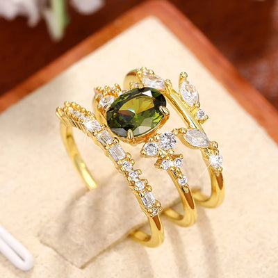 Elegant Olive Green Zirconia Ring Set