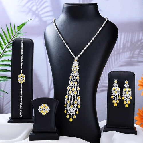 Gold Plated Long Necklace Sets for Women Water Drop Cubic Zirconia Jewellery