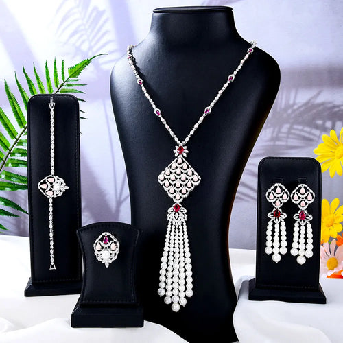 Gold Plated Long Necklace Sets for Women Water Drop Cubic Zirconia Jewellery