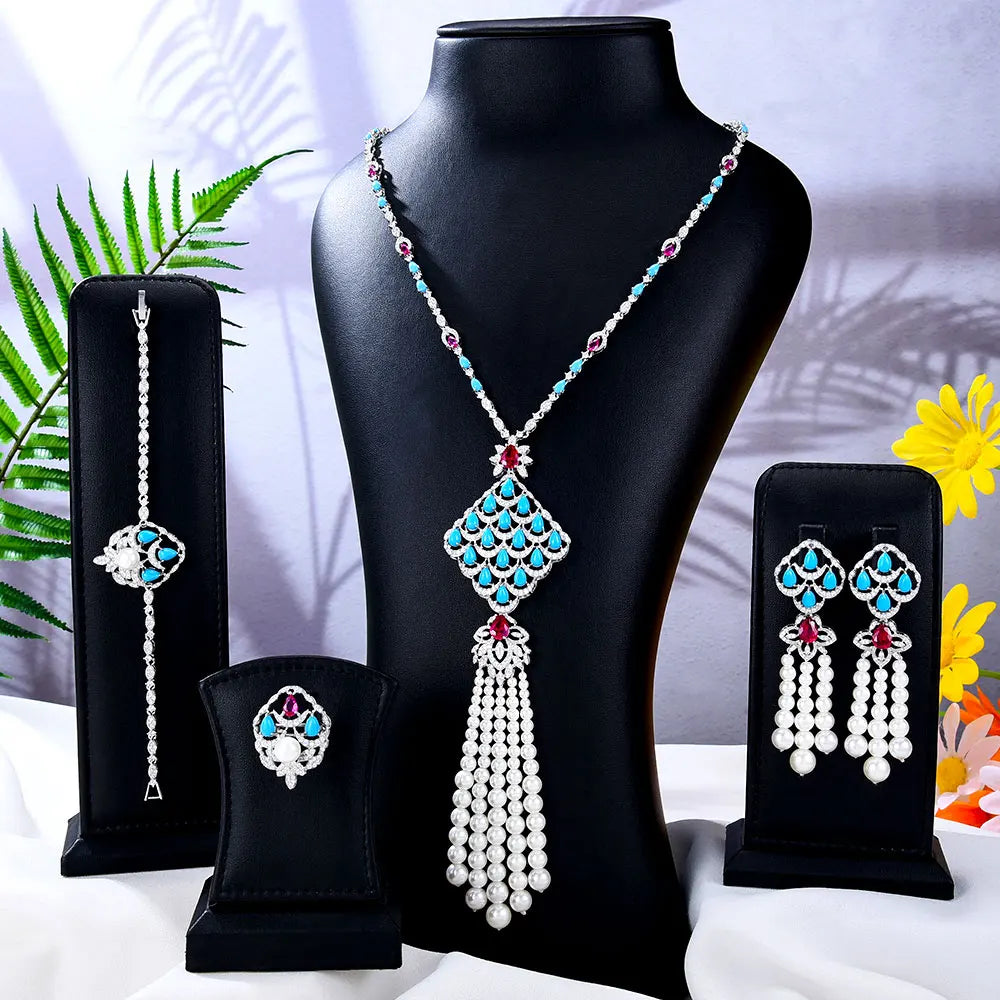 Gold Plated Long Necklace Sets for Women Water Drop Cubic Zirconia Jewellery